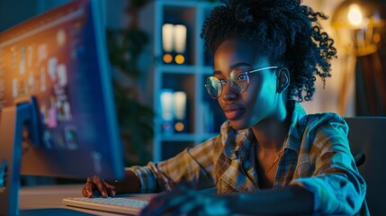 Activist Black Woman Working on Desktop Computer in Creative Office. Multiethnic Project Manager Writing Emails, Researching Project Plan Details Online.