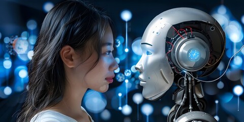 Fototapeta premium Human and Robot Face to Face in Futuristic Setting 