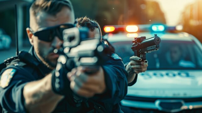 The officers use weapons to intimidate the suspect. The suspect raises his hands in compliance. Heroic law enforcement arrests a dangerous man. The camera focuses on the police car.