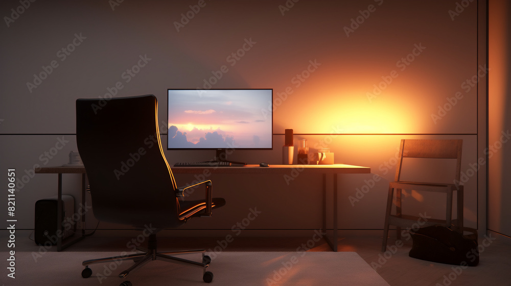 Wall mural A gaming room setup with a computer that has one screen a minimalist and light room with sunlight as light source close up with an empty chair