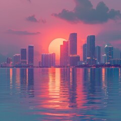 Miami Skyline in Retrowave Pastel Colors Against Warm Sunset

