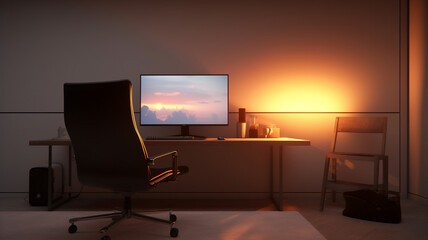 A gaming room setup with a computer that has one screen a minimalist and light room with sunlight as light source close up with an empty chair
