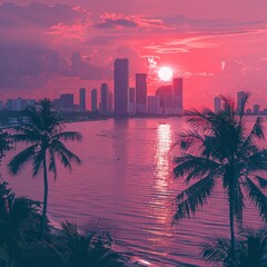 Miami Skyline in Retrowave Pastel Colors Against Warm Sunset


