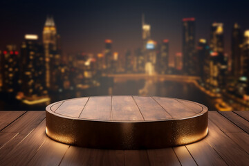 An empty round wooden podium set amidst a city with water drops and maximalist background a product display background or wallpaper concept with backlighting