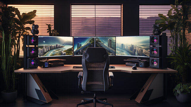 A gaming room setup with a computer that has three screens a eccentric and light room with sunlight as light source overview of the room