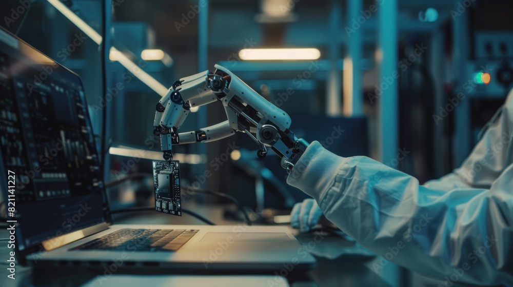 Poster photograph of a robotics engineer using a laptop computer to control a robotic arm. robotic arm hold