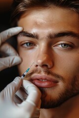 Obraz premium young beautiful man receives botox injection for facelifting. Male aesthetic medicine. Cosmetology procedure in beauty clinic 