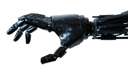 Robot hand reaching forward on transparent background 