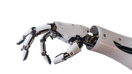 Robot hand reaching forward on transparent background 