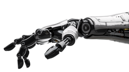 Robot hand reaching forward on transparent background 