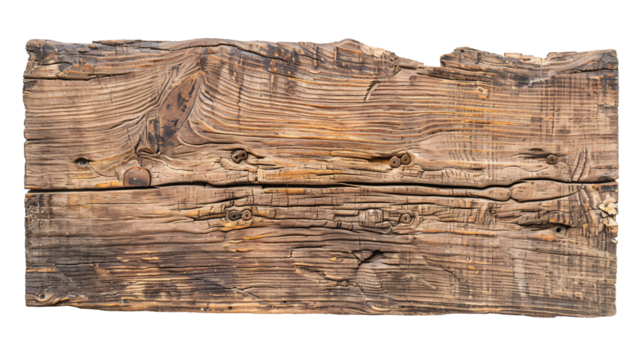 Aged wooden plank sign isolated on transparent background 