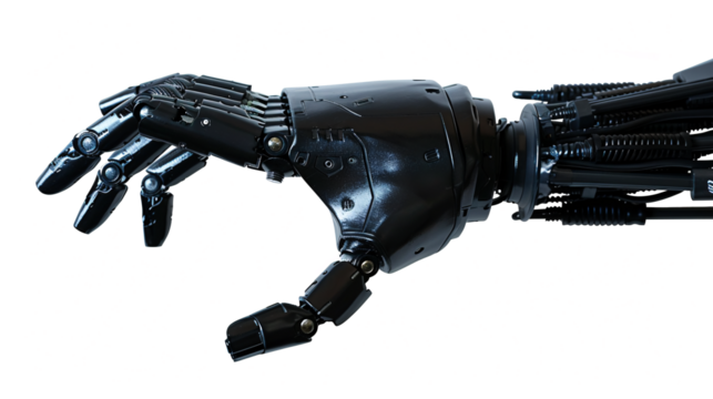 Robot hand reaching forward on transparent background 