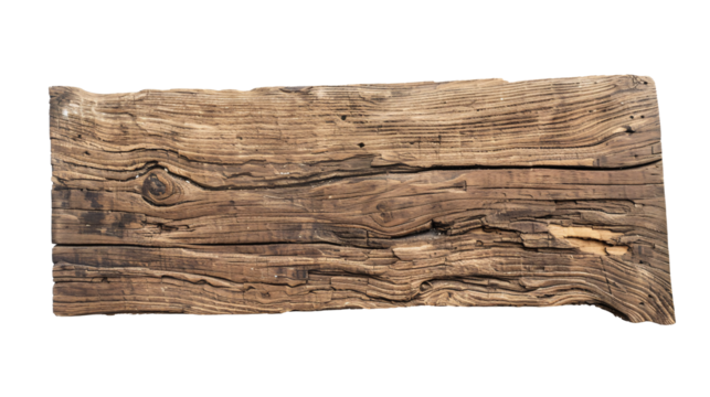 Aged wooden plank sign isolated on transparent background 