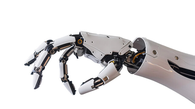 Robot hand reaching forward on transparent background 