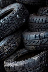Obraz premium Pile of automobile tires showing the depth and pattern of tread, utilized for vehicle safety and performance