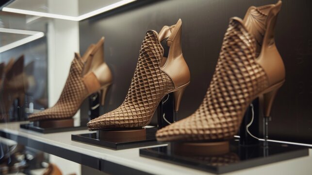 A pair of brown shoes is showcased in a glass case, emphasizing the craftsmanship and design details.