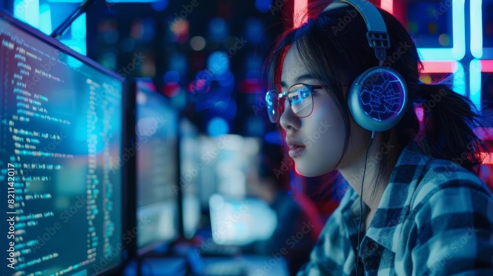 Poster in this portrait, a young, thoughtful engineer sits at her computer in a technological office settin