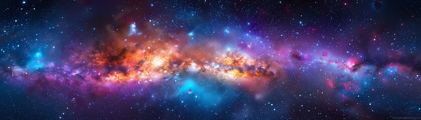 Obraz premium A vibrant, panoramic image of the galactic center of the Milky Way, showcasing a tapestry of cosmic colors and stellar beauty