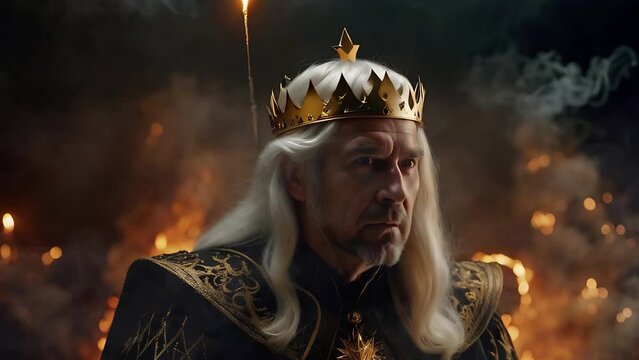 Evil King with Golden Crown with Smoke and Fire 4K Loop features an A.I. Generated video close-up of an older man with long white hair wearing a crown with smoke and fire flowing around him.