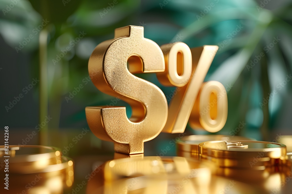 Wall mural close up of a golden dollar sign on a stack of coins