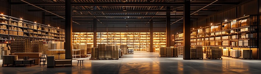 An expansive warehouse interior lit up at night showcasing shelves stocked with goods and logistics operations