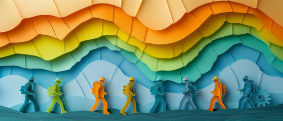 A colorful drawing of people walking in a line. Paper cut style