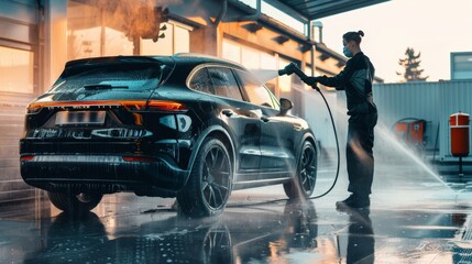 The picture shows a professional car wash specialist using a high pressure washer to clean and prepare a high tech black family electric SUV for detailing, polishing, and waxing.