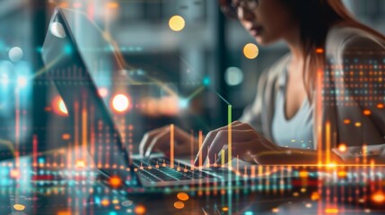 Digital business, worldwide overlay, futuristic technology, financial data analytics, and international ecommerce profit infographics. Company employee with graphs, charts, and statistics