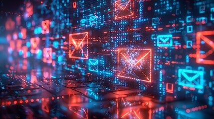 Digital background with glowing email icons, blue and red light, high tech, macro shot