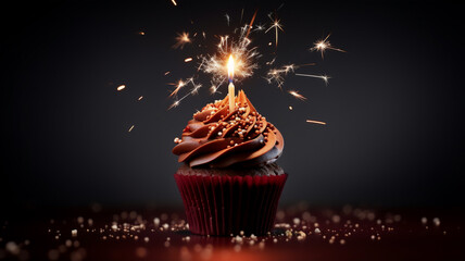 A birthday cupcake with chocolate and sparklers and an isolated white background