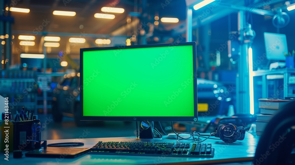 Poster desktop computer monitor with green screen mock up display standing in automotive design studio. con