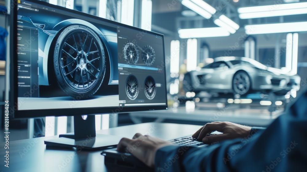 Poster a close-up computer screen with 3d customization software for a prototype car. gaming experience for