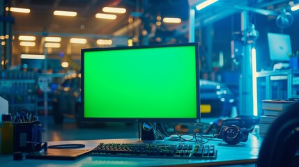 Naklejka premium Desktop Computer Monitor with Green Screen Mock Up Display Standing in Automotive Design Studio. Concept Of Creative Agency Working For Automotive Factory. Employee's Work Station.