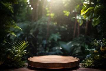 An empty round wooden podium set amidst a lush tropical forest with water drops and minimalist background a product display background or wallpaper concept with front-lighting