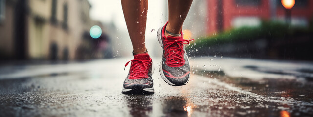 Lady or female / woman Caucasian trail runner running on a city street with a close-up of the trail running shoes during a rainy day - Powered by Adobe