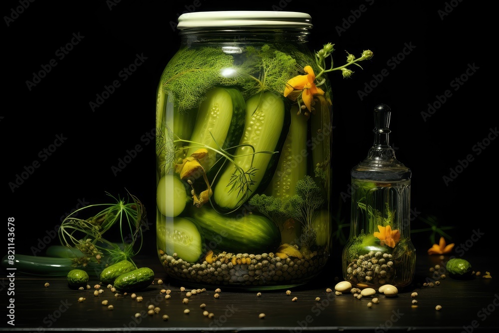 Poster a jar filled with cucumbers sits next to a jar of seeds on a table. generative ai