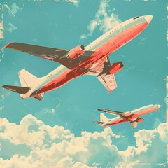 Obraz premium Retro Planes in Retrowave Pastel Colors Flying in Blue Sky