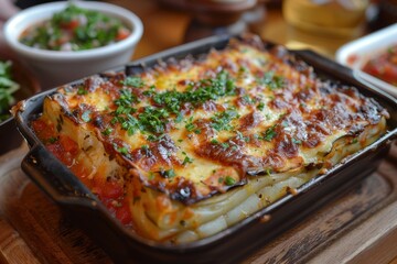 Parmigiana di Melanzane: Layers of fried eggplant, rich tomato sauce, and melted mozzarella, baked to a golden brown.