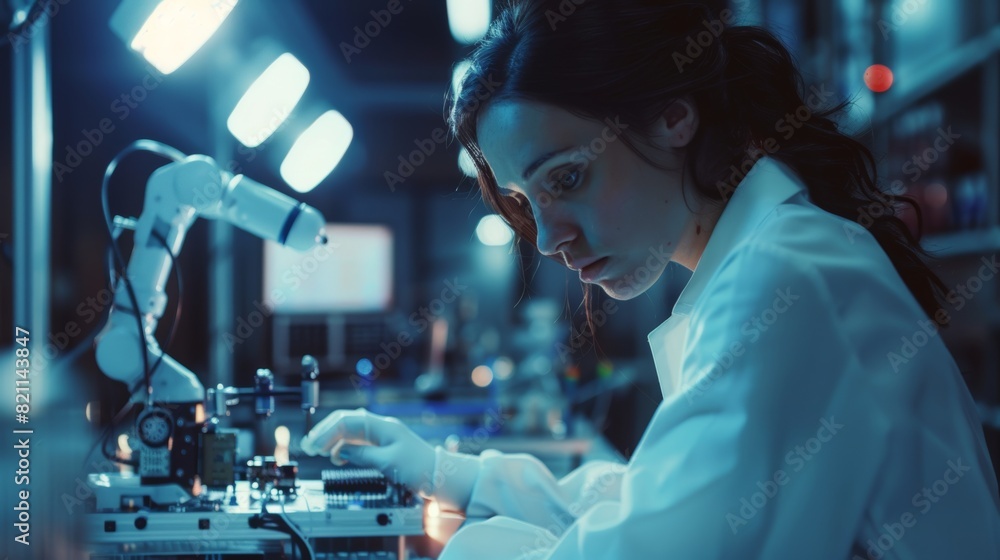 Poster engineer working on circuit boards on blurred background. industrial robotics specialists in lab coa