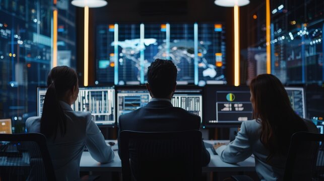 Diverse male and female risk managers analyze data on digital screens in a monitoring room. Multiethnic workers work on computers for successful venture capital companies.