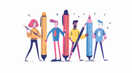 Creative characters holding big styluses Four. Graphic