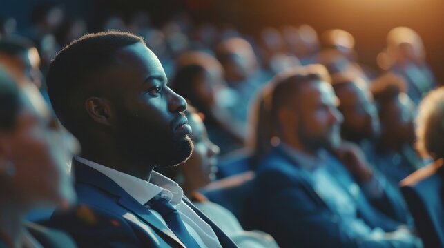Business Conference Attendees Using Laptop Computer During Inspirational Entrepreneurship Presentation. Black Male in Crowded Audience.