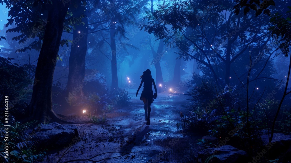 Poster video game mock-up: female hero character on adventure, running in magical forest on a quest, fighti