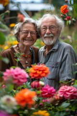 Smiling senior couple posing in a garden, surrounded by flowers, bright daylight