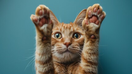 Surprised orange tabby cat, paws raised, blue background, closeup