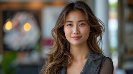 Fototapeta premium asian business woman with casual attire, casual yet professional clothing, in an office settings, blurry background