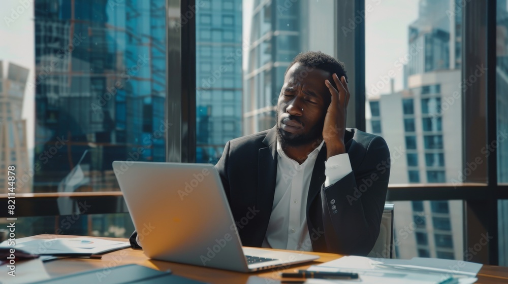 Poster businessman at a desk in a skyscraper office using laptop computer. fatigued manager completing comp