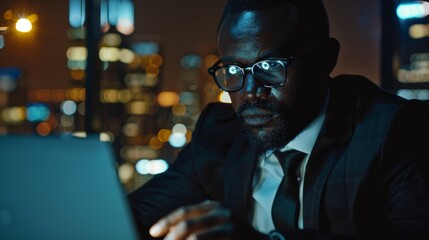 Handsome Black Businessman Working Late at Night on Laptop in Big City Office. African Investment Manager Checking Financial Data From Project Management Report.
