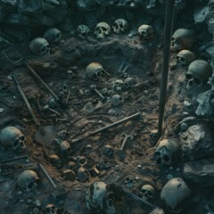 A graveyard with many skulls and bones scattered around