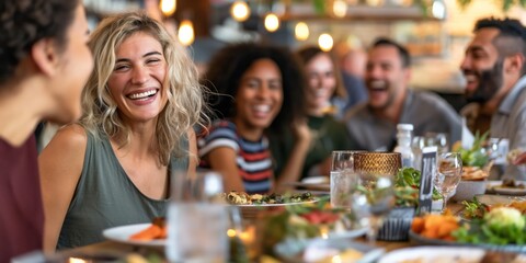A group of happy friends sharing laughter and conversation over a meal in a casual dining restaurant with a lively ambiance